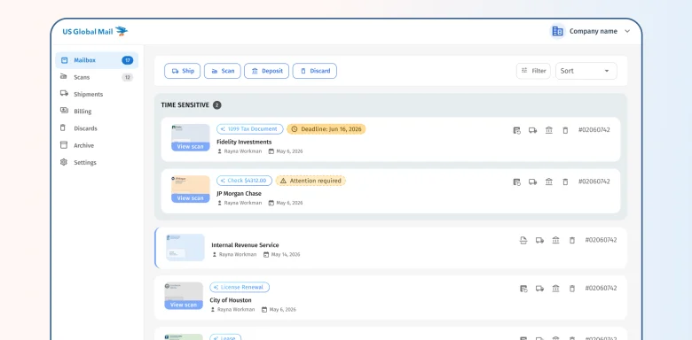 US Global Mail virtual mailbox dashboard