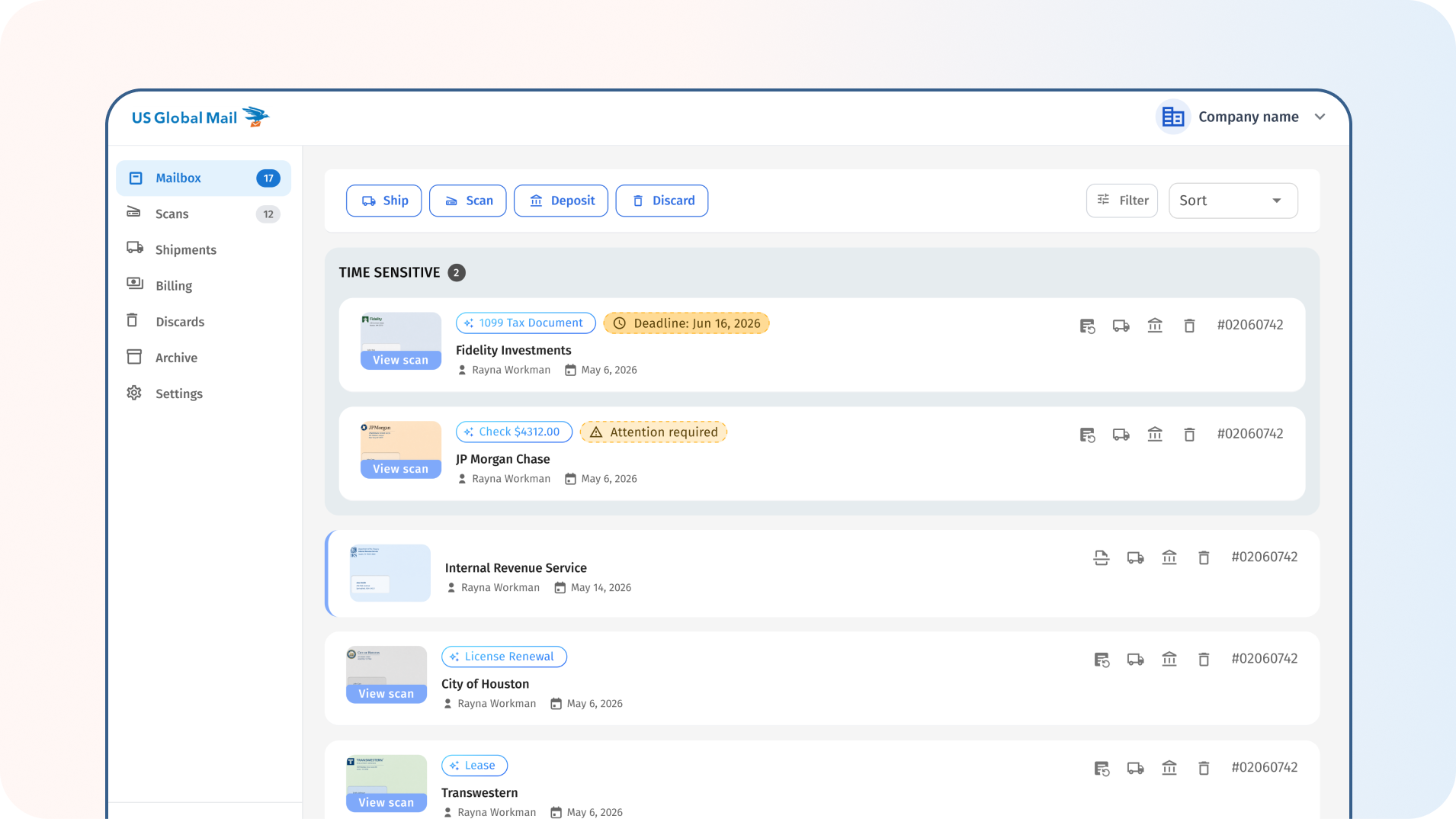 US Global Mail virtual mailbox dashboard