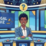 An animated host on a game show stage with a “Legal Quiz” sign