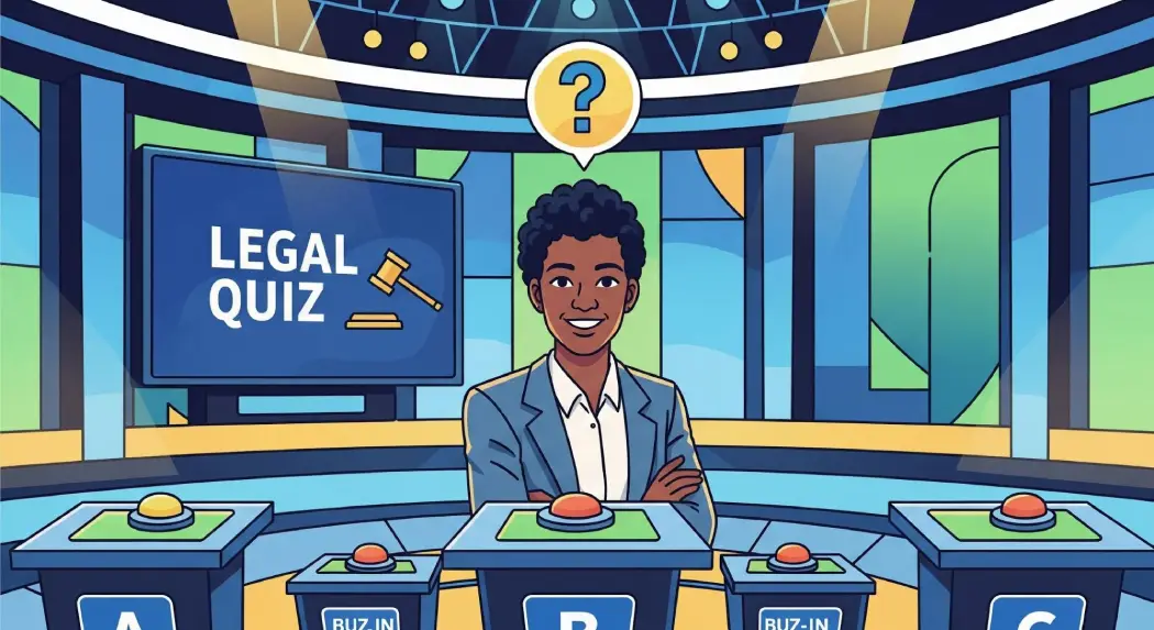 An animated host on a game show stage with a “Legal Quiz” sign