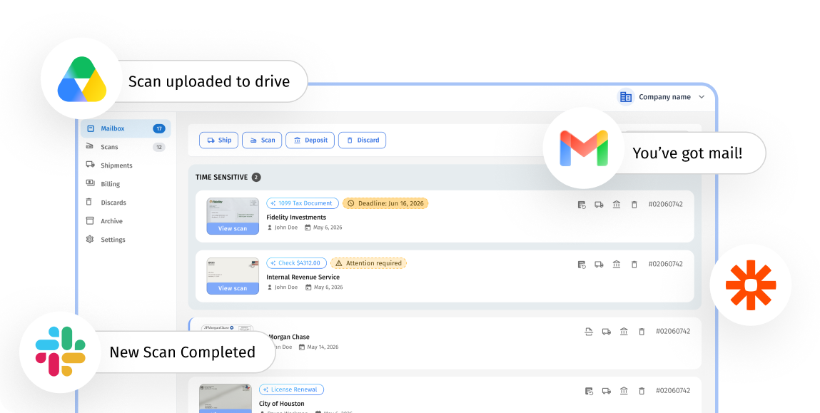 US Global Mail virtual mailbox dashboard with email and Slack notifications and Google Drive scan uploads
