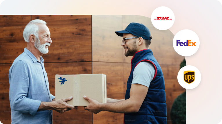 Customer receiving a package shipped through US Global Mail with DHL, FedEx, and UPS carrier options