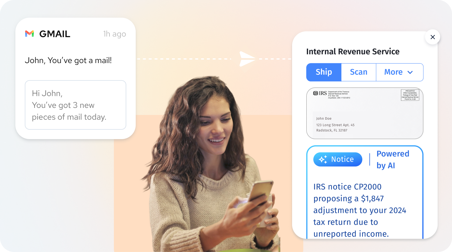 Woman receiving email notifications and AI-powered mail summaries through her US Global Mail virtual mailbox