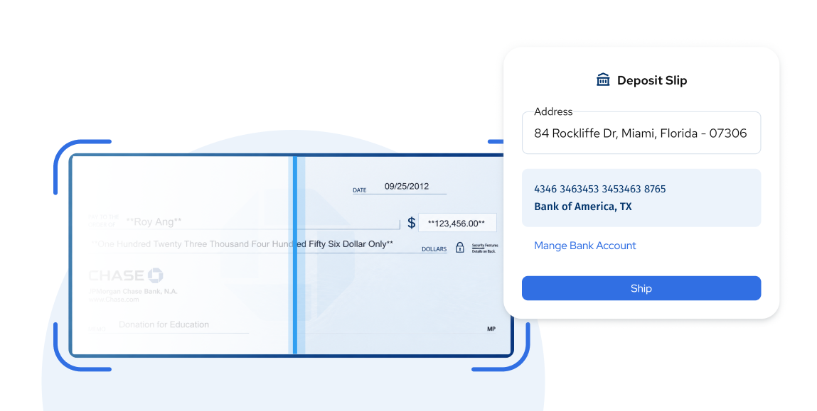 Virtual mailbox check deposit feature showing deposit slip details and bank account information
