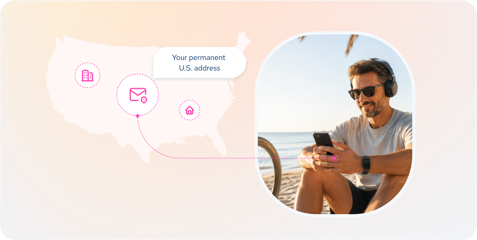 Man accessing his permanent US virtual mailing address from the beach on his smartphone