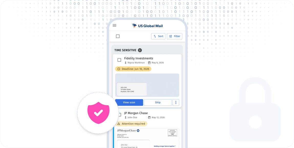 US Global Mail app interface displaying time-sensitive mail items with secure scan viewing on a mobile device