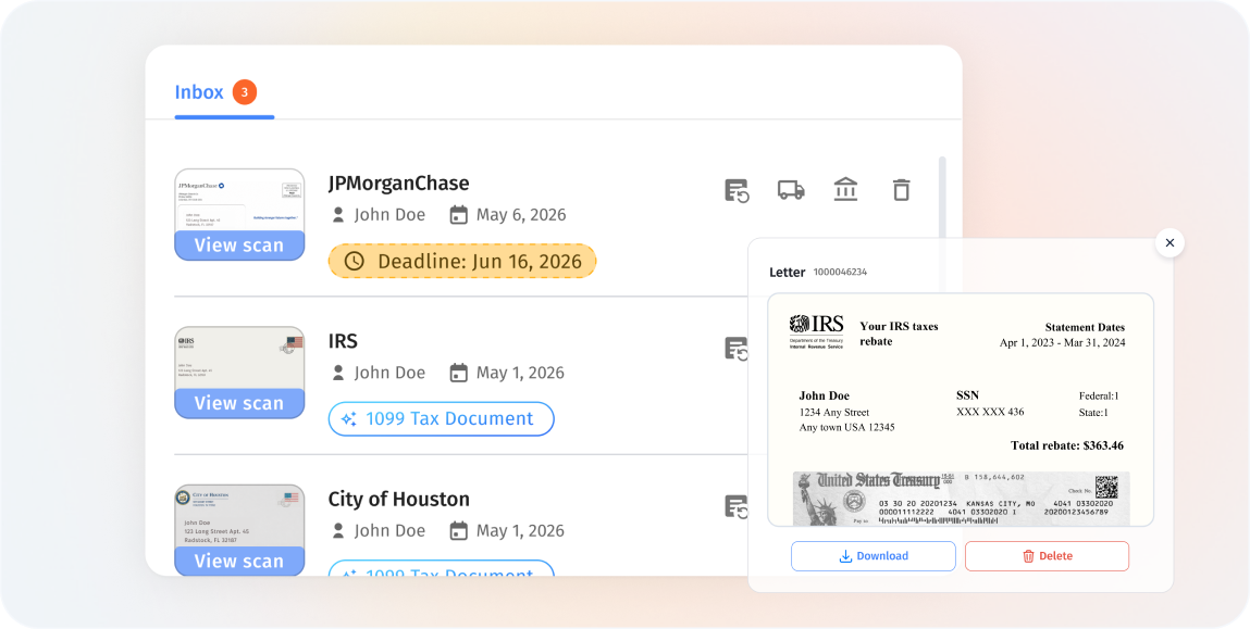 Virtual mailbox inbox displaying scanned mail from JPMorgan Chase, IRS, and City of Houston with tax document preview
