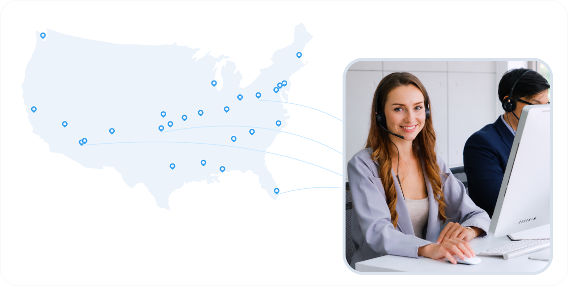 Customer service representative assisting clients with virtual mailbox locations across the US