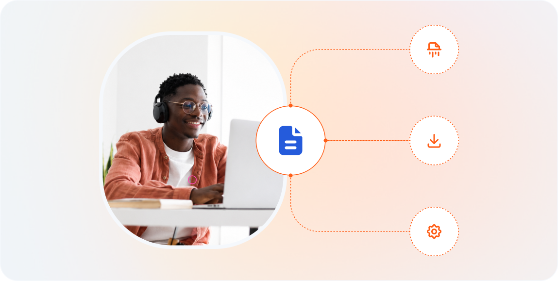 Man managing virtual mail documents with print, download, and settings options on his laptop