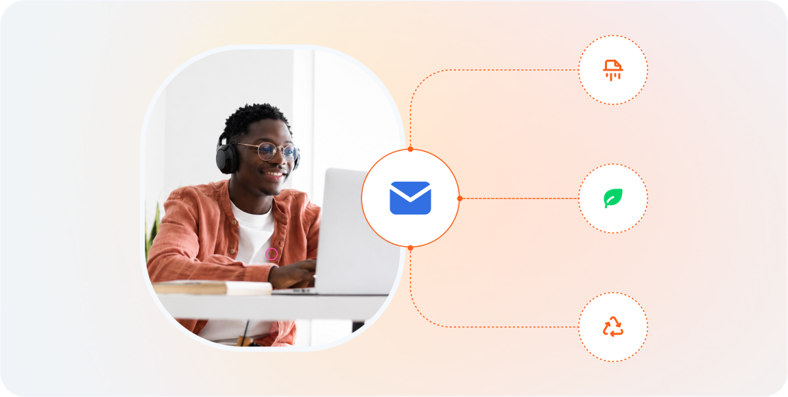 Man managing virtual mail with eco-friendly print, recycle, and shred options through US Global Mail