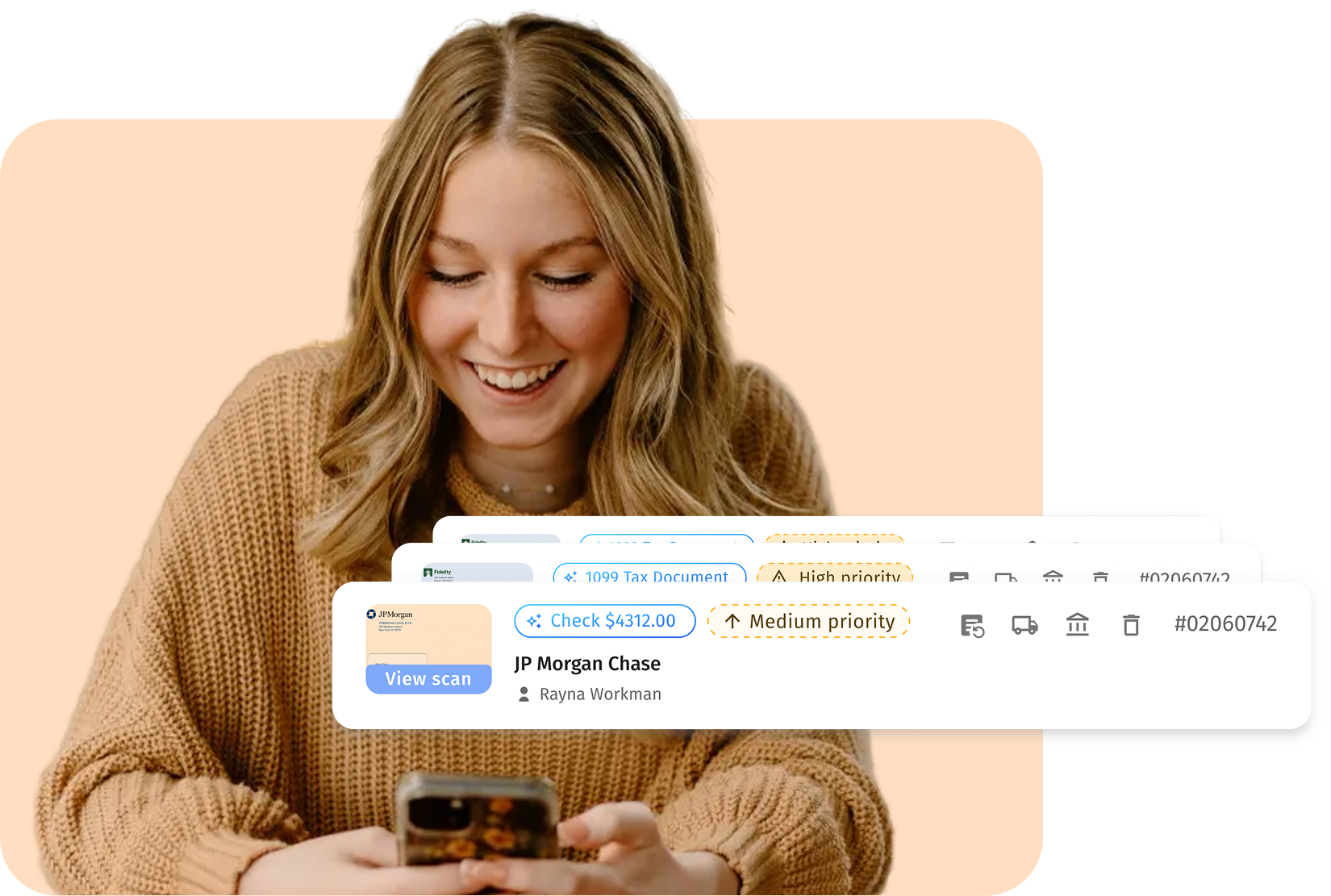 Woman checking scanned mail and check deposit notifications on her phone through US Global Mail 