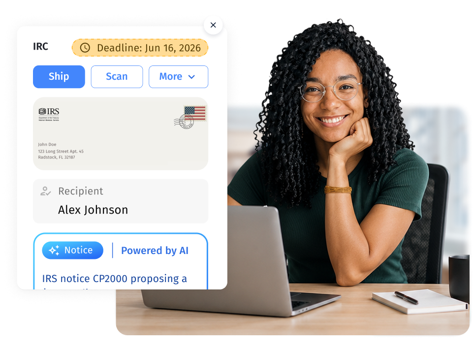 Woman reviewing an AI-powered IRS notice alert with deadline reminder in her US Global Mail virtual mailbox
