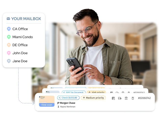 Man checking his virtual mailbox on his phone with multiple address locations and scanned mail items