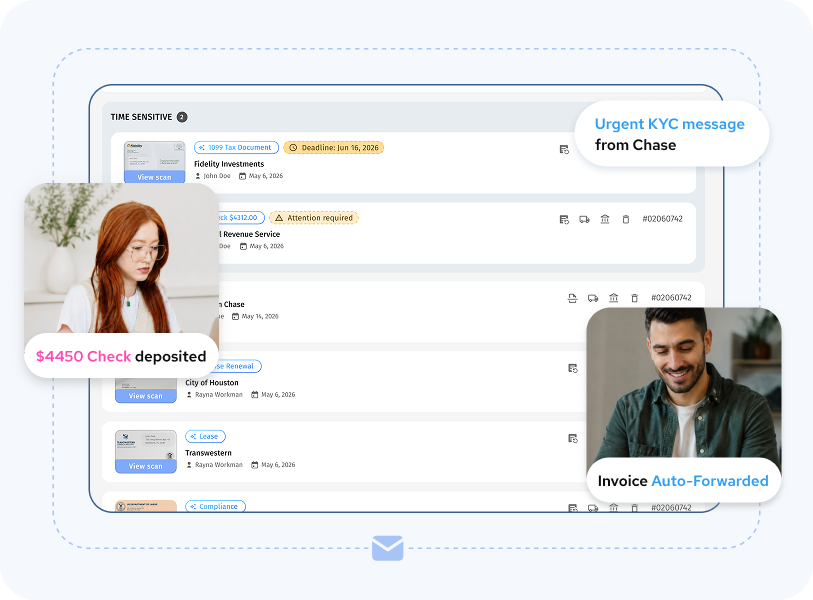 US Global Mail virtual mailbox showing check deposit confirmation and automated invoice forwarding alerts

