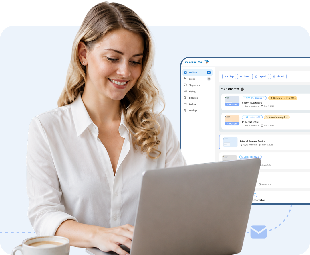 Woman managing her virtual mailbox on the US Global Mail dashboard from her laptop