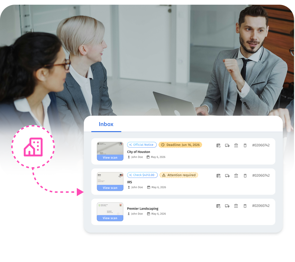Business team reviewing their company's virtual mailbox inbox with official notices and check alerts