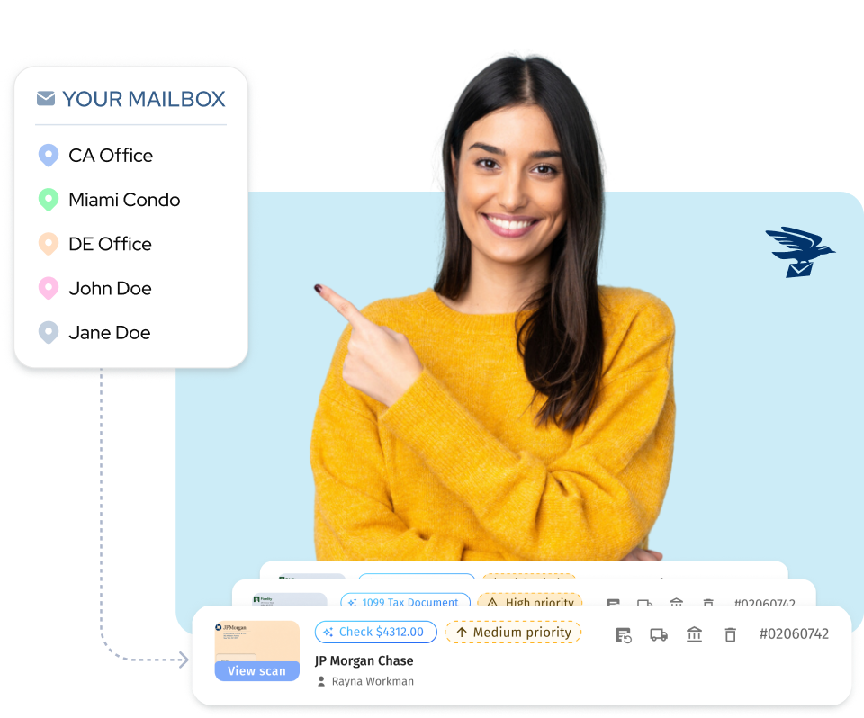 Woman pointing to her virtual mailbox dashboard with multiple address locations and scanned mail items