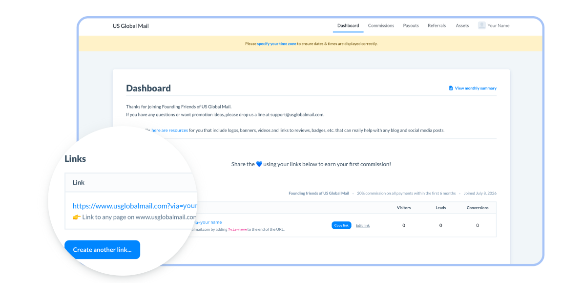 US Global Mail affiliate dashboard showing referral links, commissions, and conversion tracking