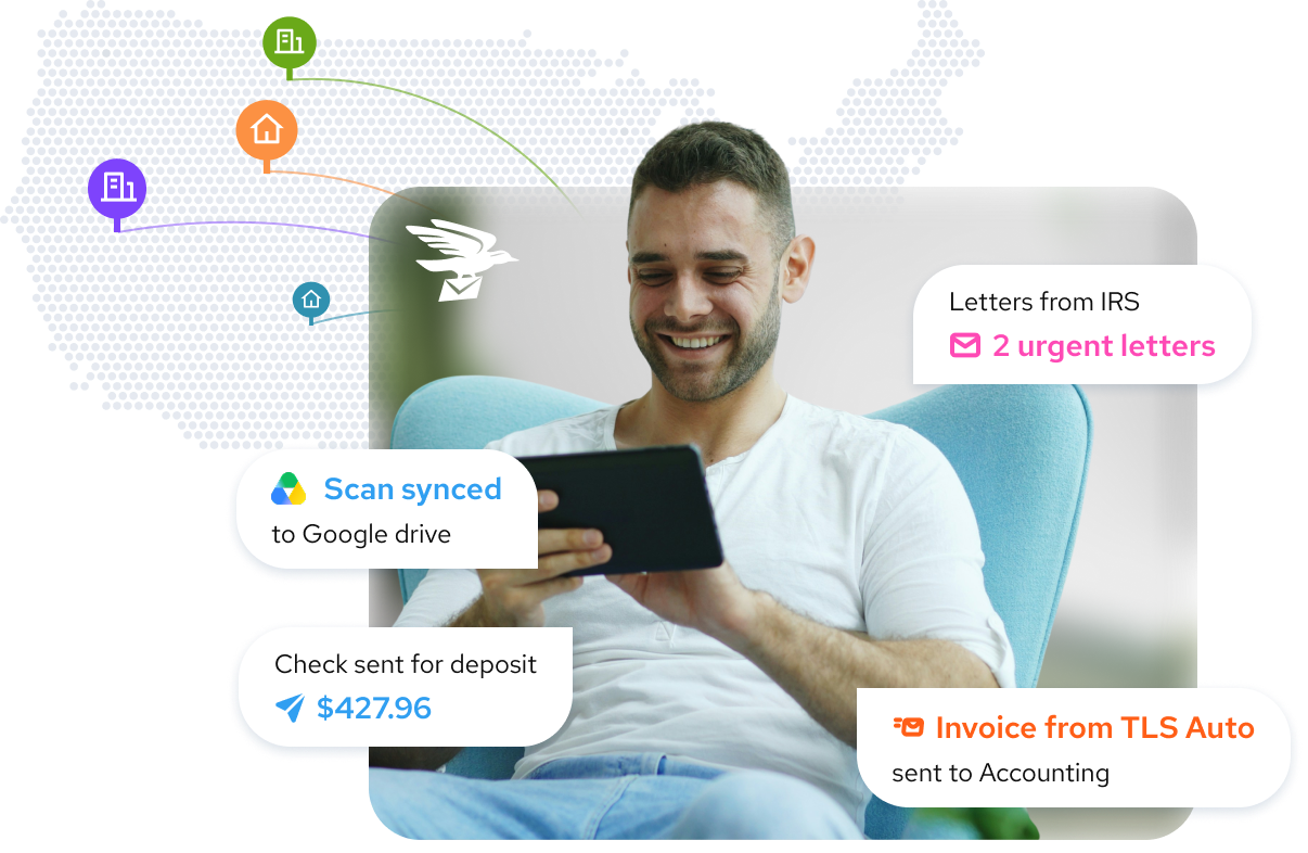 Man managing virtual mail on his tablet with automated check deposits, Google Drive sync, and IRS letter alerts