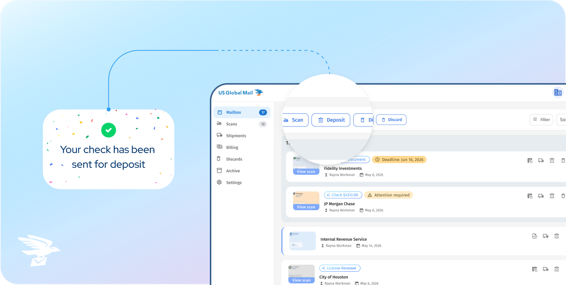 US Global Mail virtual mailbox dashboard with check deposit confirmation and mail management features