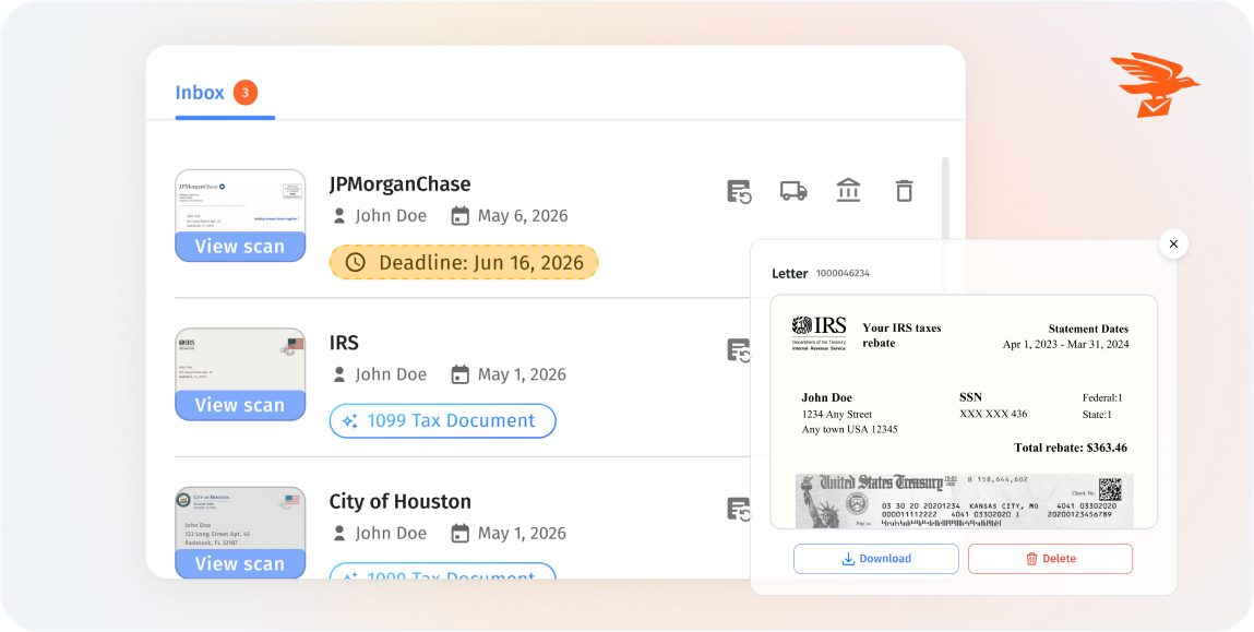 Virtual mailbox inbox showing scanned mail from IRS, JPMorgan Chase, and City of Houston with tax document previews