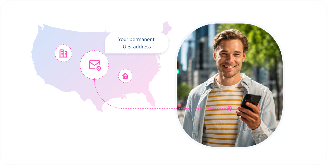 Map of the U.S. with icons for a building, mail, and home, connected to a smiling man checking his phone, illustrating a permanent U.S. mailing address for expats.