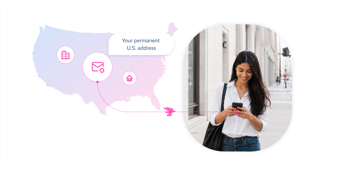 Woman accessing her permanent US virtual mailing address from anywhere on her smartphone