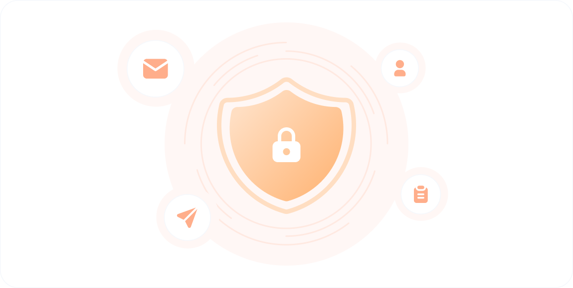 Illustration of a security shield with a lock icon, surrounded by mail, user, document, and send icons, representing secure handling of expat mail.
