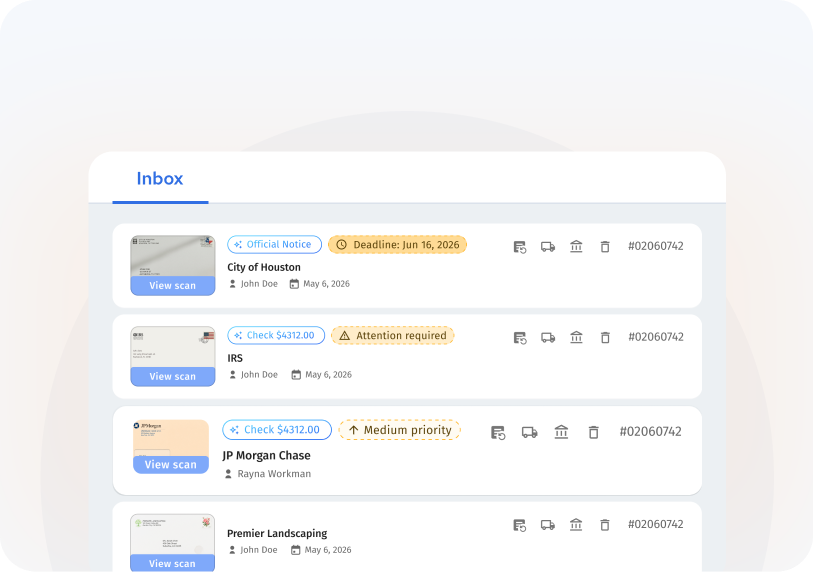 Virtual mailbox inbox displaying scanned mail from City of Houston, IRS, and JPMorgan Chase with priority labels