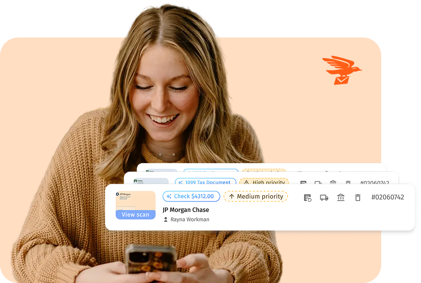 Woman checking scanned mail and check deposit notifications on her phone through US Global Mail