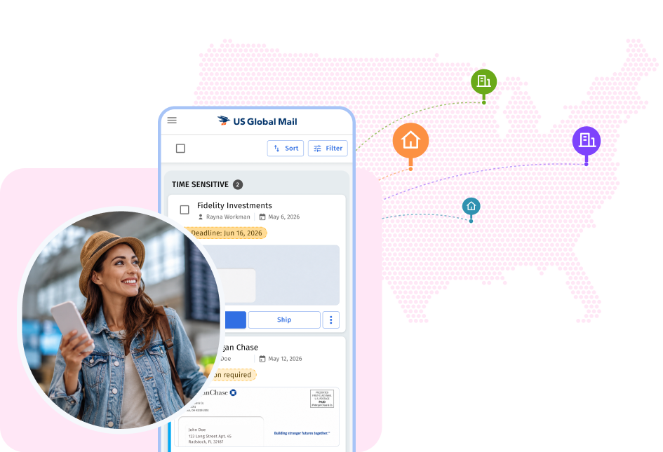 Smartphone screen showing the US Global Mail dashboard with a list of received mail, next to a woman smiling while checking her phone, with a map marking mail forwarding locations across the U.S.