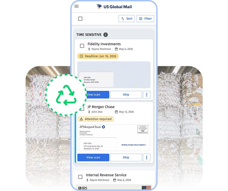 US Global Mail mobile app showing eco-friendly mail recycling option for scanned virtual mailbox items