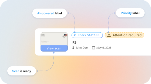 AI-powered virtual mail label showing an IRS check with priority and attention-required tags in US Global Mail
