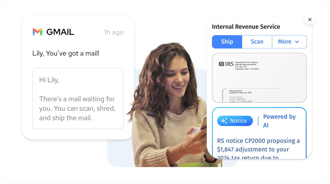 Woman receiving a Gmail notification and AI-powered IRS notice summary through her US Global Mail virtual mailbox