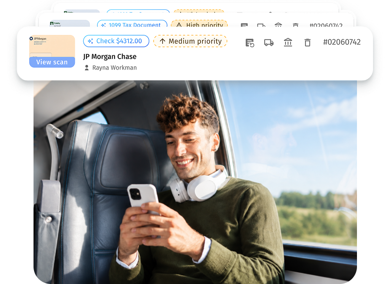 Person using the US Global Mail virtual mailbox on a smartphone while traveling, with scanned mail previews and priority labels displayed in the online mailbox dashboard.