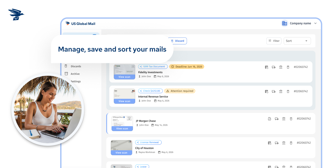 Woman managing and sorting her virtual mailbox from anywhere with the US Global Mail dashboard