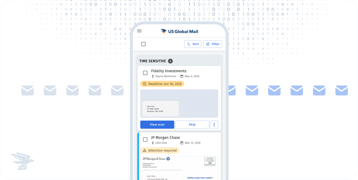 US Global Mail mobile app displaying time-sensitive virtual mail items with deadline and attention-required alerts