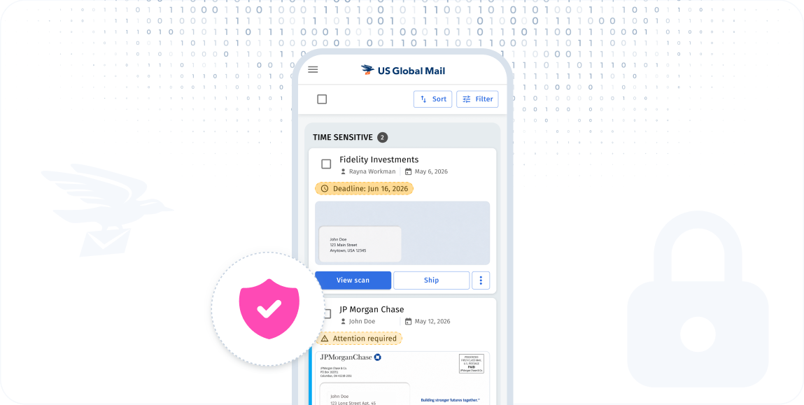 US Global Mail app interface displaying time-sensitive mail items with secure scan viewing on a mobile device
