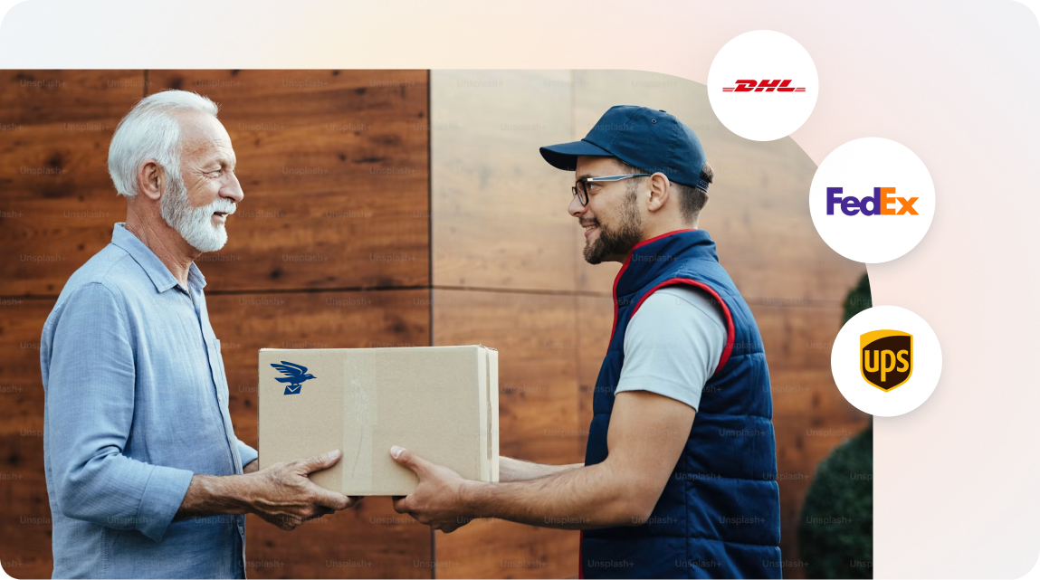 Customer receiving a package shipped through US Global Mail with DHL, FedEx, and UPS carrier options