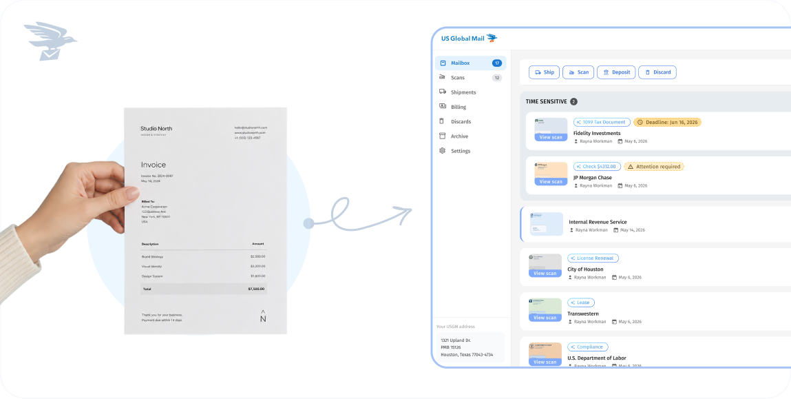 Physical invoice scanned and digitized into the US Global Mail virtual mailbox dashboard