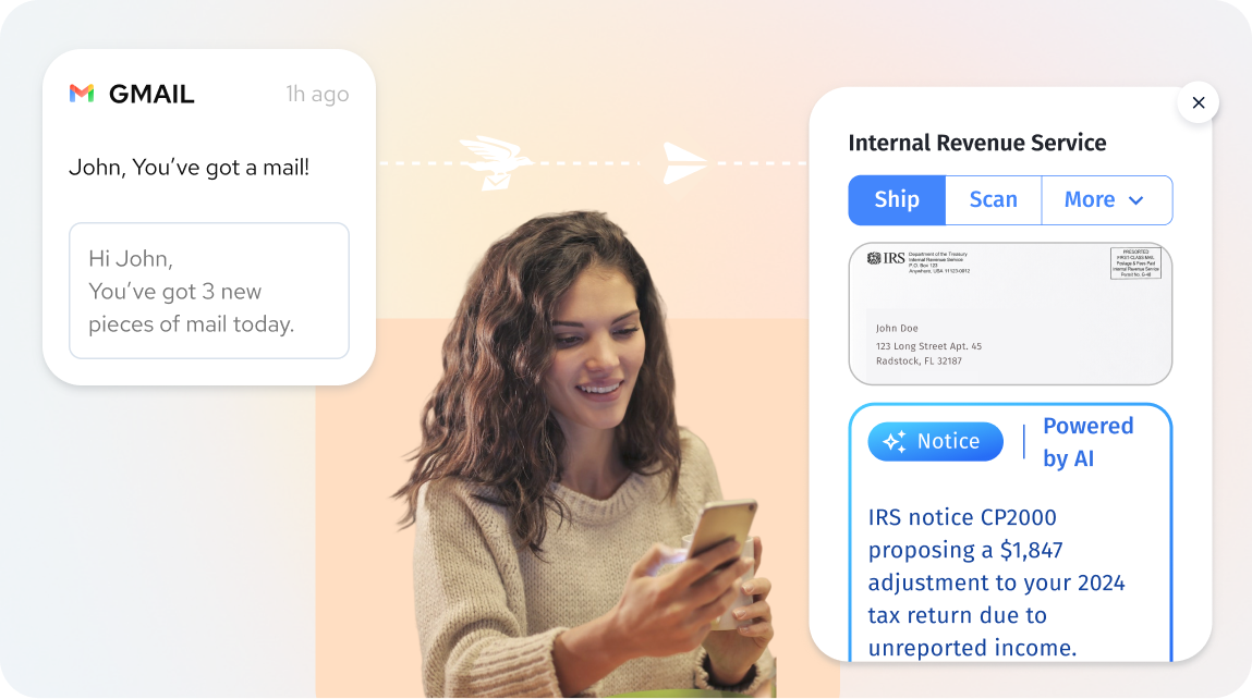 Woman receiving email notifications and AI-powered mail summaries through her US Global Mail virtual mailbox
