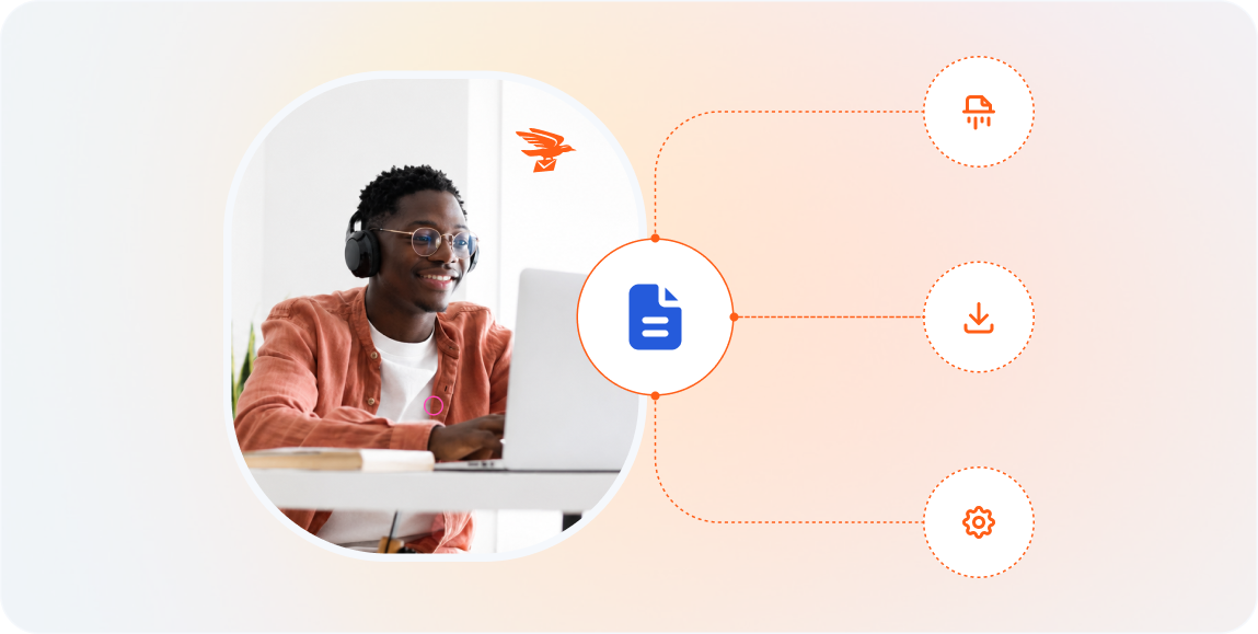 Man managing virtual mail documents with print, download, and settings options on his laptop
