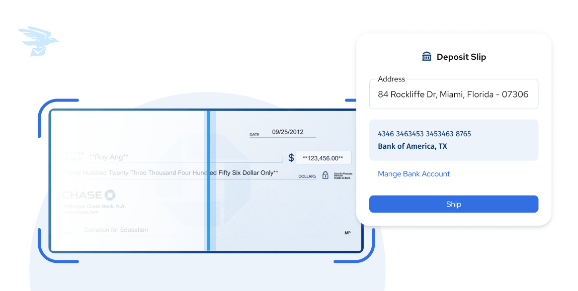 Virtual mailbox check deposit slip showing bank account details for remote check depositing through US Global Mail
