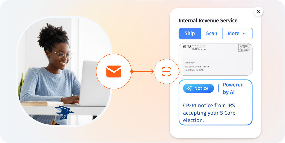Woman receiving an AI-powered IRS S Corp acceptance notice through her US Global Mail virtual mailbox