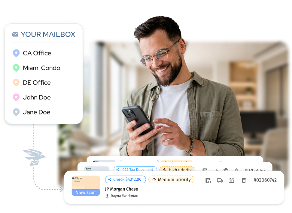 Man checking his virtual mailbox on his phone with multiple address locations and scanned mail items