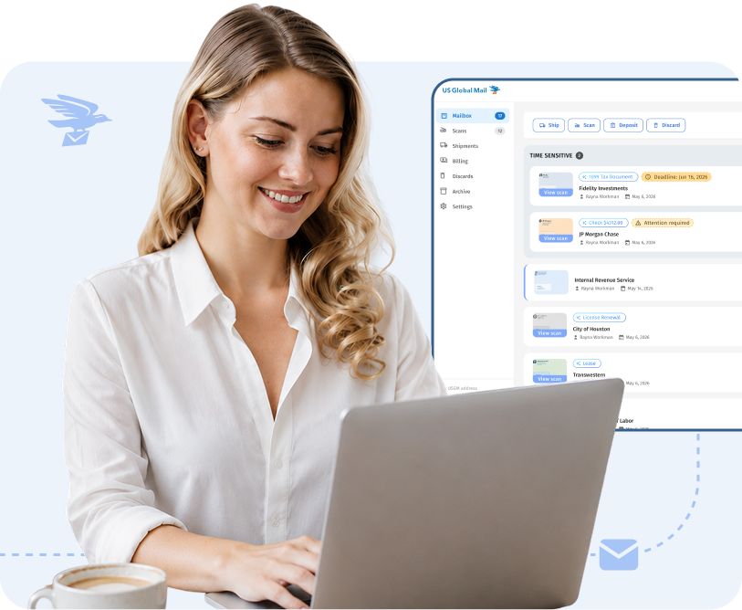 Woman managing her virtual mailbox on the US Global Mail dashboard from her laptop