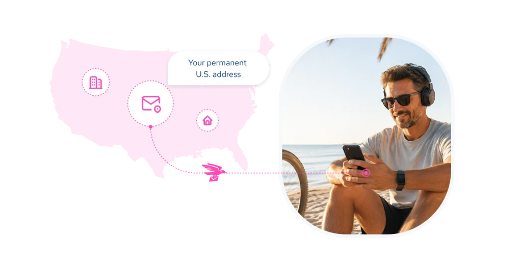 Man accessing his permanent US virtual mailing address from the beach on his smartphone