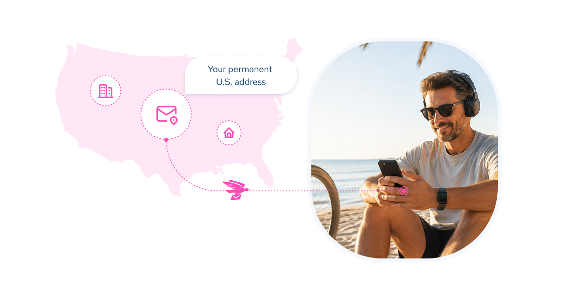 Man accessing his permanent US virtual mailing address from the beach on his smartphone