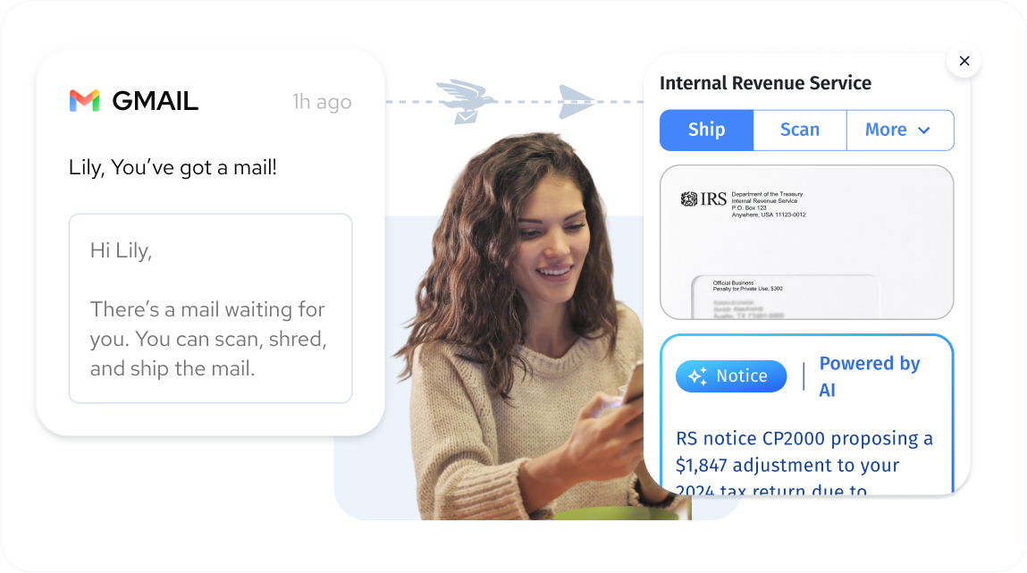 Woman receiving a Gmail notification and AI-powered IRS notice summary through her US Global Mail virtual mailbox