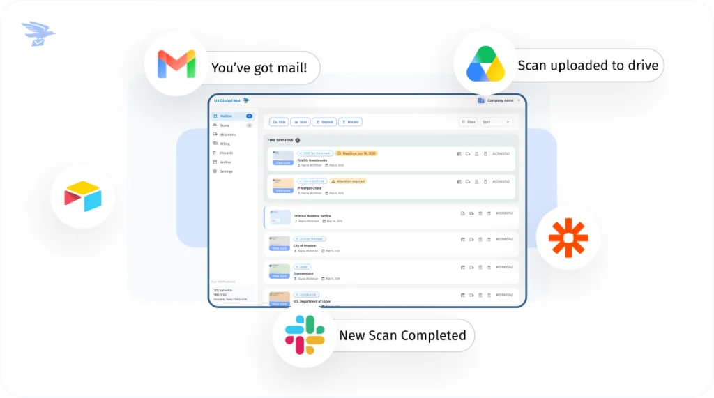 US Global Mail virtual mailbox integrated with Gmail, Google Drive, Slack, and other apps for mail notifications and scan uploads